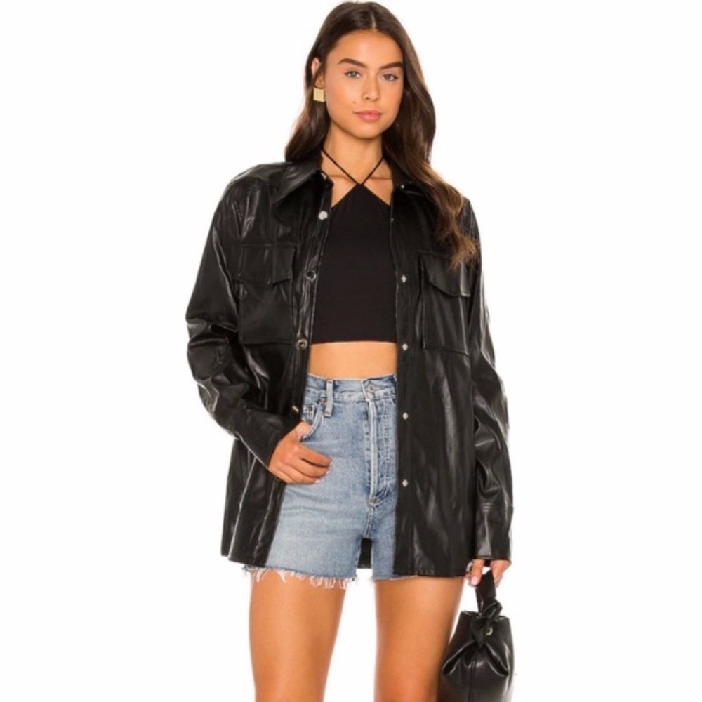 SNDYS Revolve Black Button Up Lu Faux Leather Shacket Size Small NWT